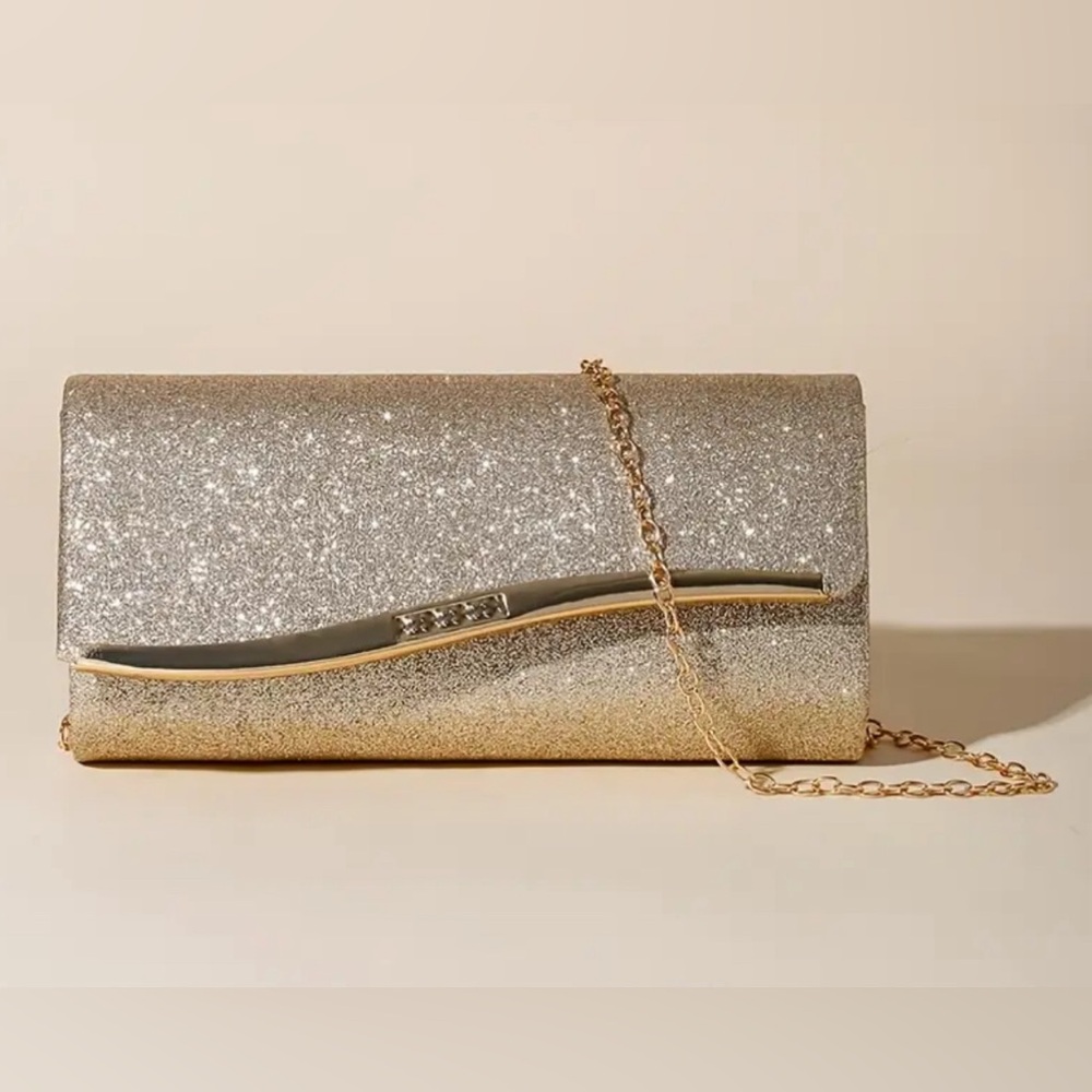 Golden Glitter Evening Clutch Bag, Elegant Small Crossbody with Chain Strap